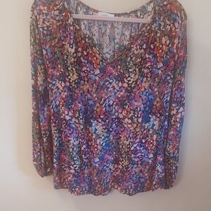 Women's V-Neck Long-Sleeve Printed Blouse in Multi-Color